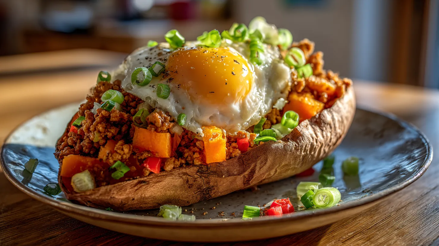 Loaded Zoete Aardappel met Kalfsgehakt & Spiegelei
