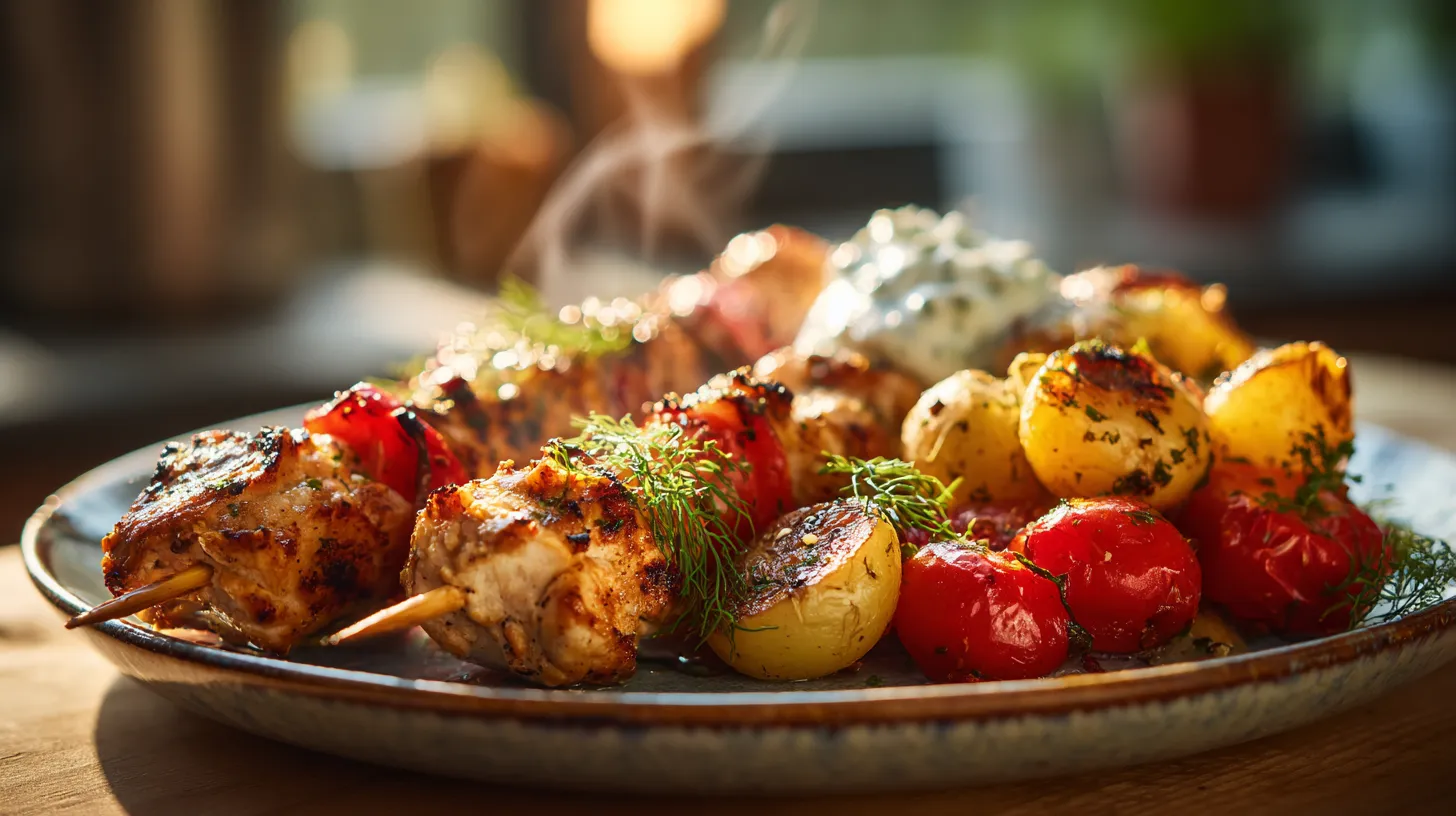 Kipspies met Knoflookaardappeltjes en Tzatziki