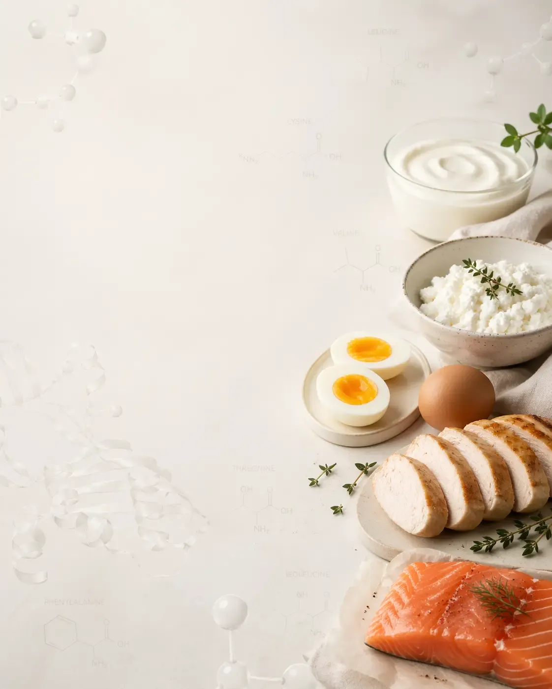Eiwit-bronnen — kip, vis, eieren, kwark en yoghurt met aminozuur-structuren