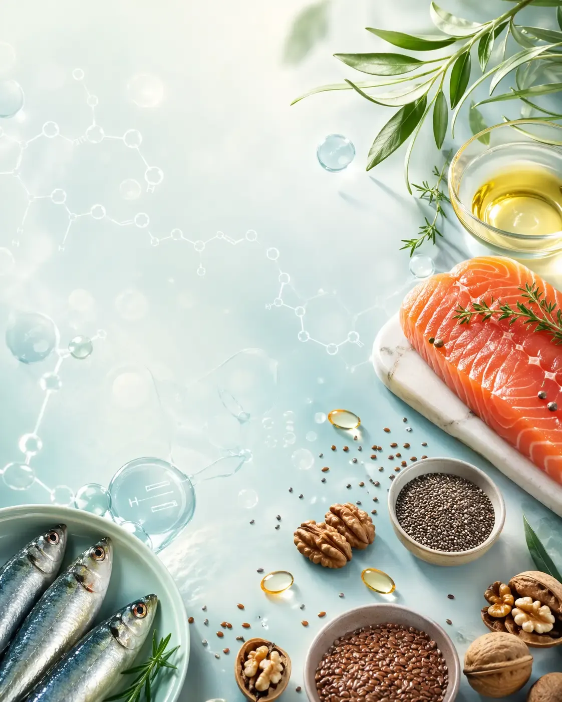 Omega-3 bronnen — zalm, sardines, walnoten, chia- en lijnzaad, olijfolie