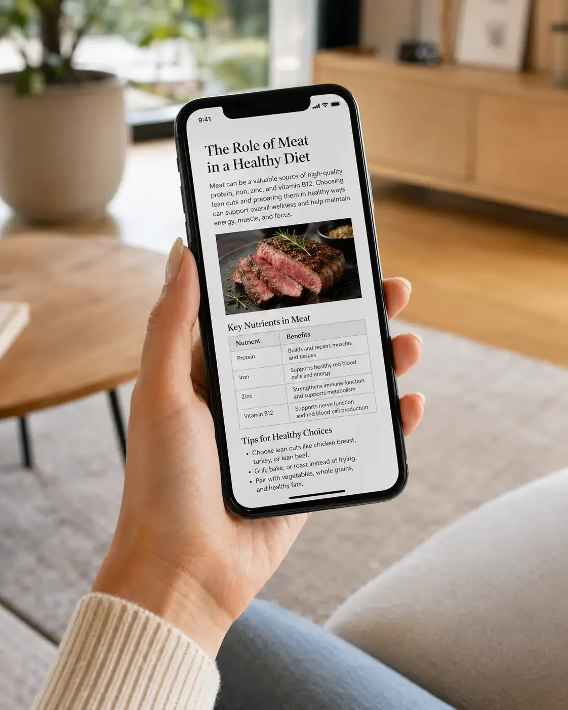 Lezen over voeding op de telefoon, thuis op de bank