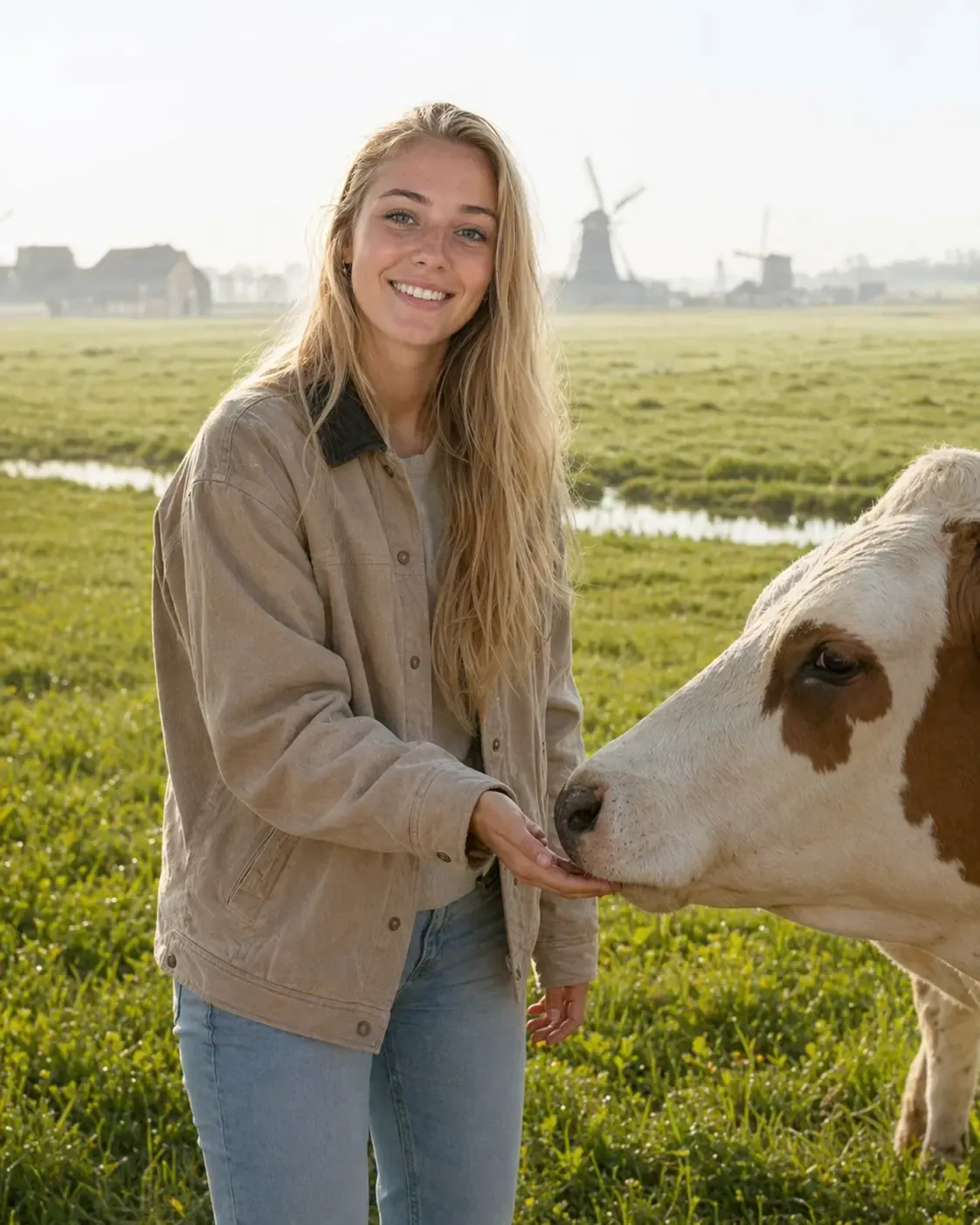 De auteur in de wei, bij een koe — haar eerste boerderijbezoek